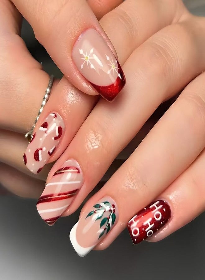 WAFOLOZE Christmas Nails - Square Press On Nails Medium Fake Nails With Santa Hat Striped Alphabet Snowflake Holly Berry Designs Acrylic Artificial Glue On False Nail Press Ons Stick On Nail for Women Girls - Image 1